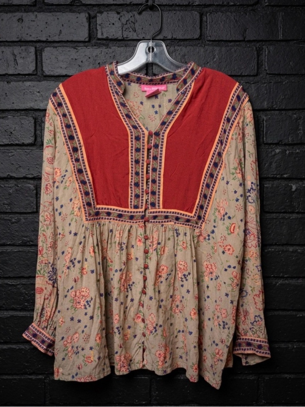 Woman Within orange-red embroidered yoke blouse - Picture 4 of 5